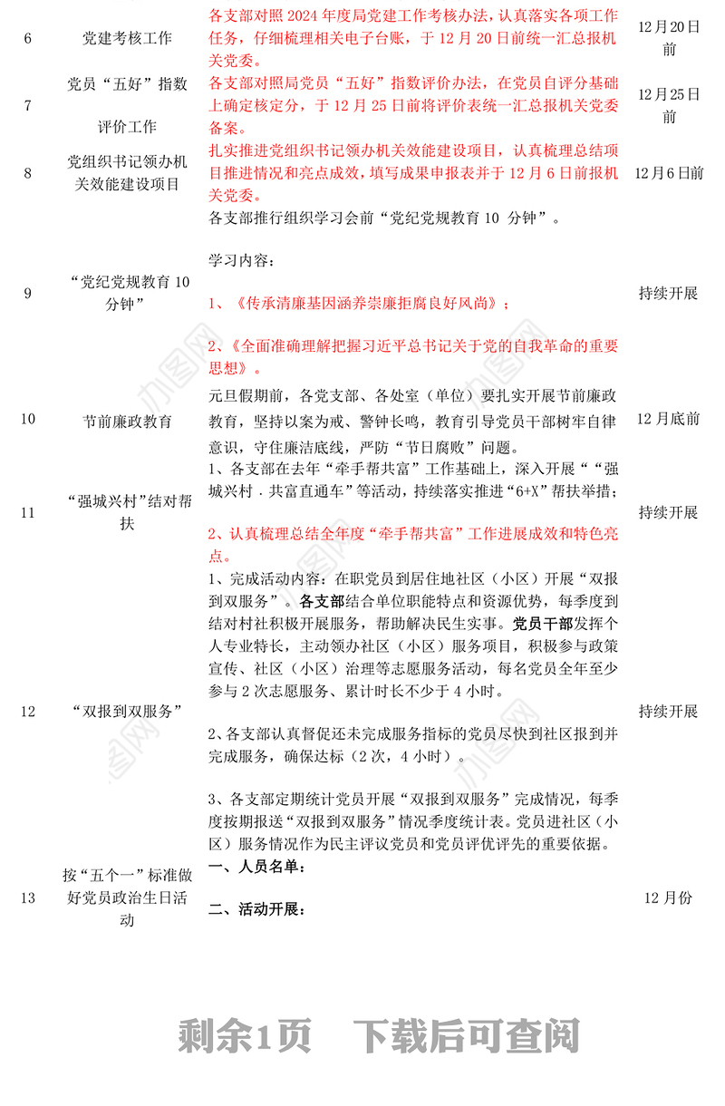 2024年12月支部党建重点任务清单