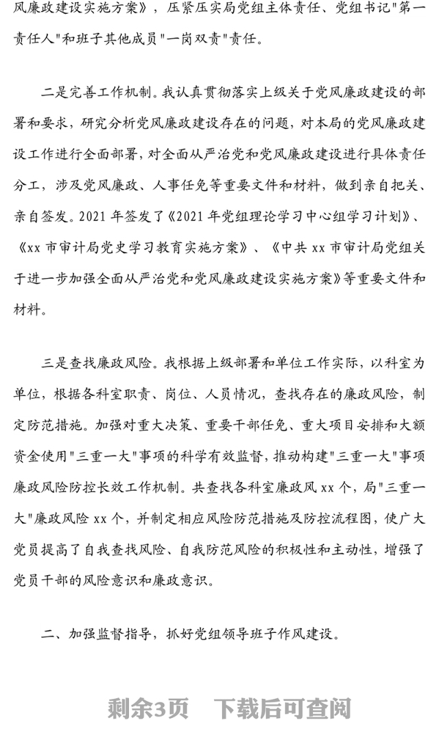 市审计局党组​​书记落实第一责任人责任情况报告