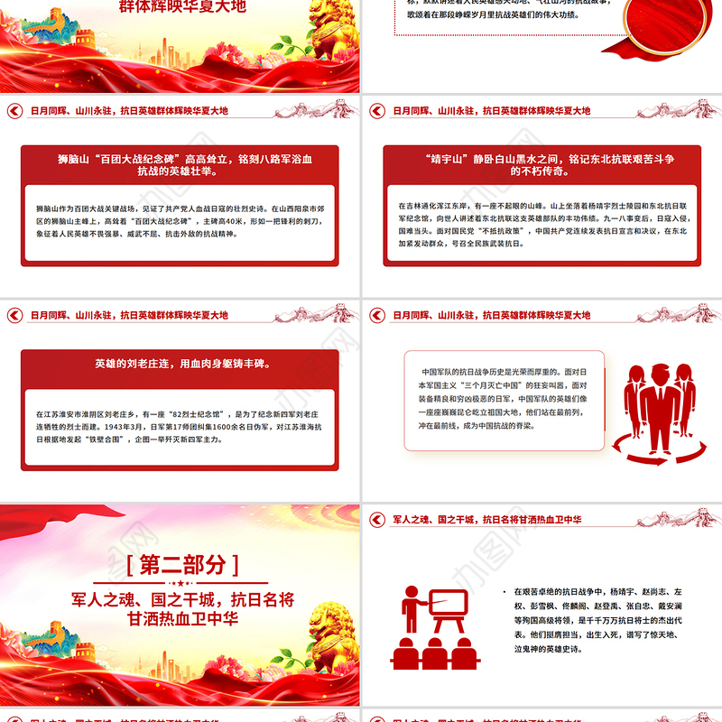 红色精美重温抗日英雄故事PPT纪念抗日战争胜利80周年党课