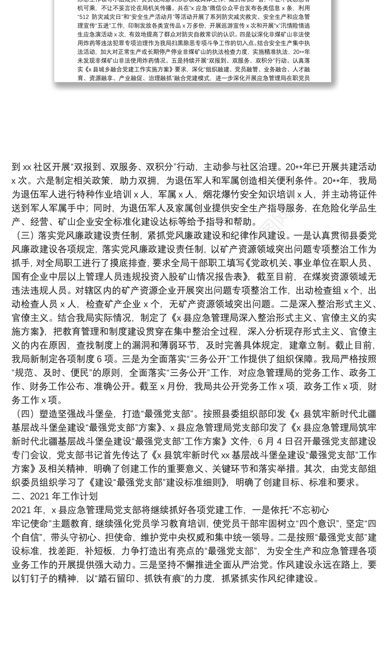 X县应急管理局党组20**年党建工作总结