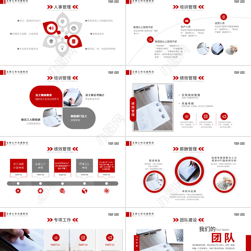 原创2020红色扁平化人事行政年终总结工作总结ppt模板