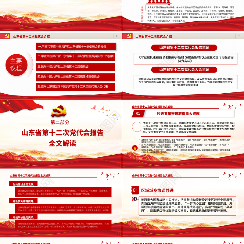 红色党建风中国共产党山东省第十二次代表大会专题党课PPT课件模板