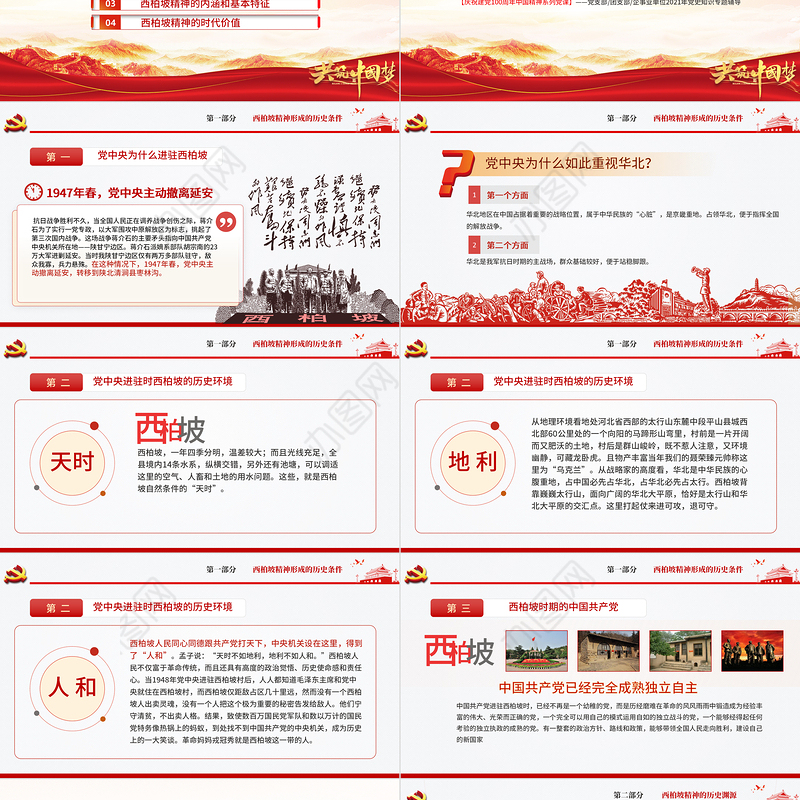 西柏坡精神PPT建党100周年中国精神谱系谦虚谨慎艰苦奋斗敢于斗争敢于胜利依靠群众团结统一两个务必党建专题党课