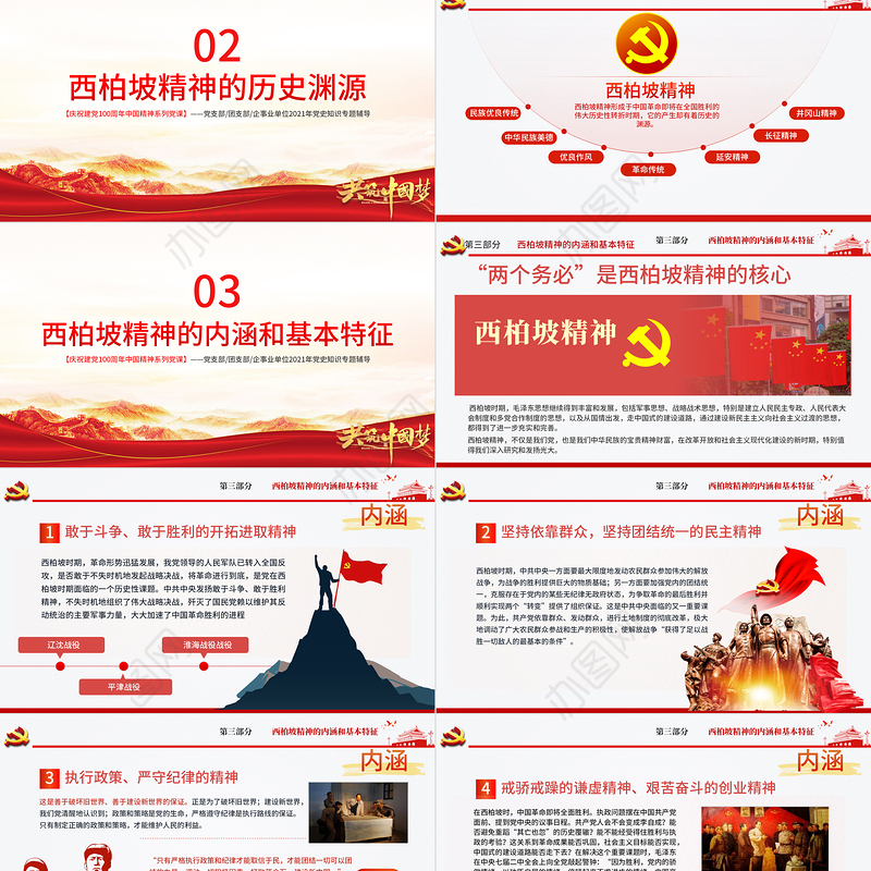 西柏坡精神PPT建党100周年中国精神谱系谦虚谨慎艰苦奋斗敢于斗争敢于胜利依靠群众团结统一两个务必党建专题党课