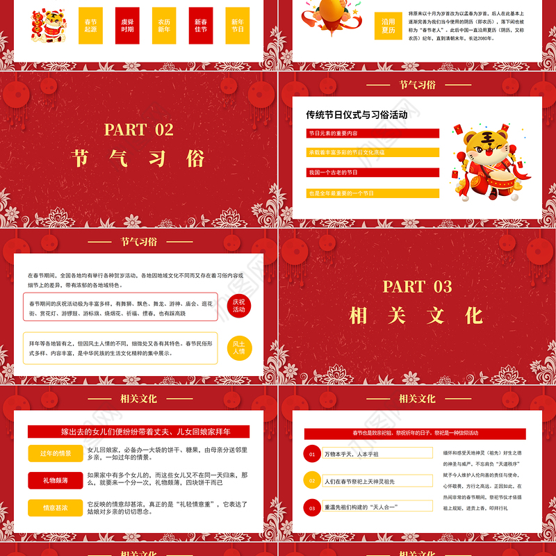 2022新年虎年旺福PPT红色喜庆恭贺新春传统节日文化介绍主题班会课件模板