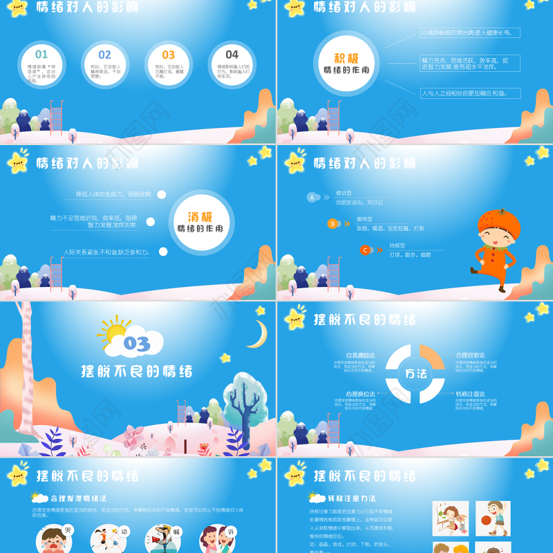 水彩小清新卡通儿童可爱我的情绪我做主主题班会活动ppt模板