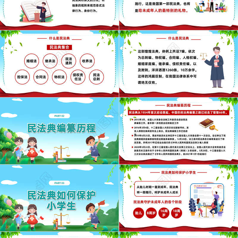 2023学习民法典做遵纪守法小学生PPT卡通风民法典小学生宣讲课件模板下载