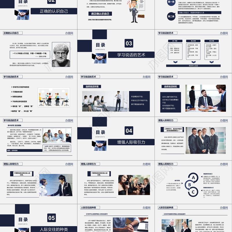 蓝色商务之人际交往技巧员工入职培训动态PPT模板