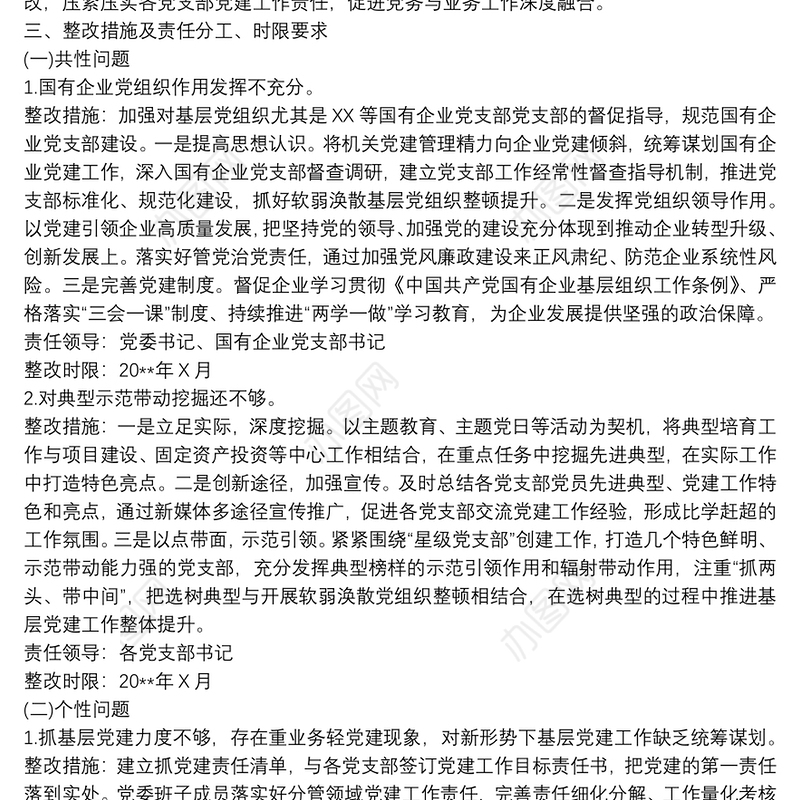 关于党(工)委书记抓基层党建述职评议反馈问题的整改方案模板