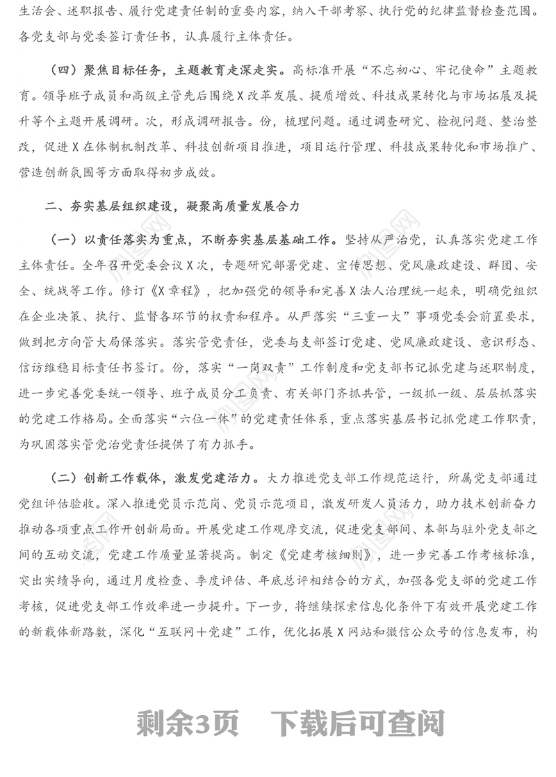 X党委落实全面从严治党主体责任情况报告