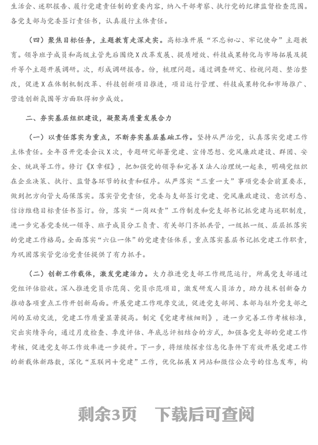 X党委落实全面从严治党主体责任情况报告