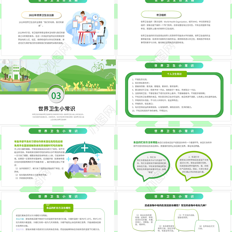 2022世界卫生纪念日卡通风中小学生世界卫生纪念日知识宣讲主题班会课件模板