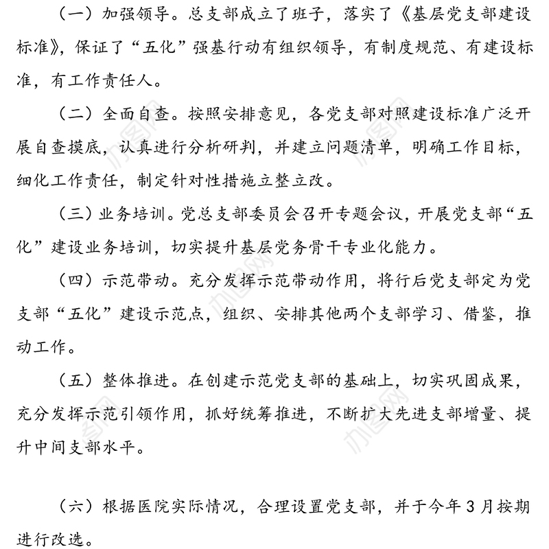 医院党总支党建“五化”强基行动工作总结范文