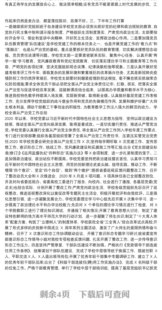 学校全面从严治党工作总结