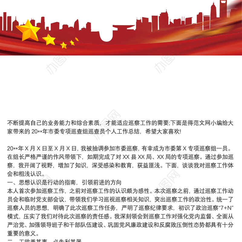 20xx年市委专项巡查组巡查员个人工作总结