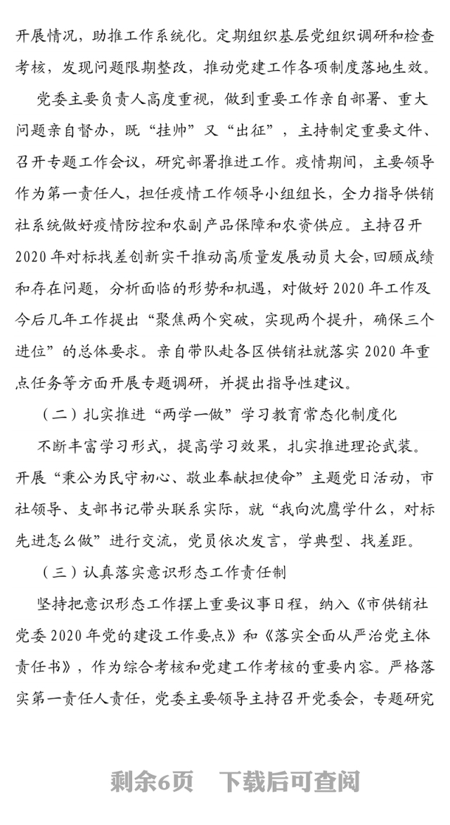 市供销社党委2020年党的建设工作总结