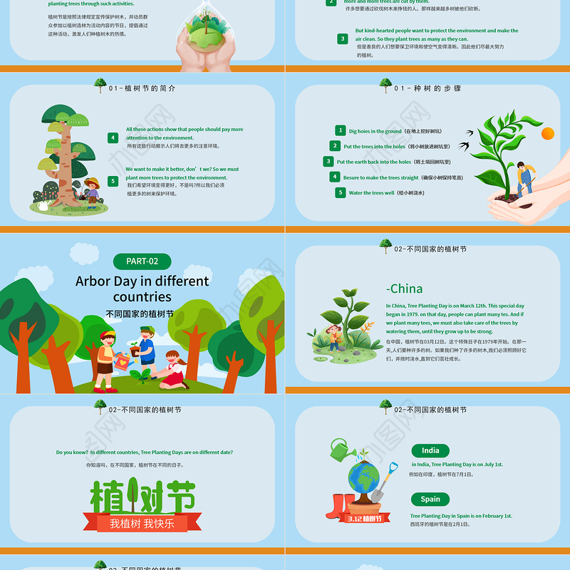 2023植树节英文介绍PPT绿色卡通风植树节英文介绍课件模板下载