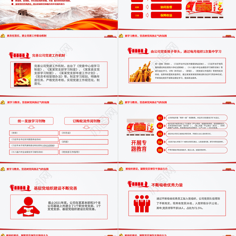 2021党支部党员大会PPT红色大气基层党组织党务工作总结问题分析及工作计划党课模板