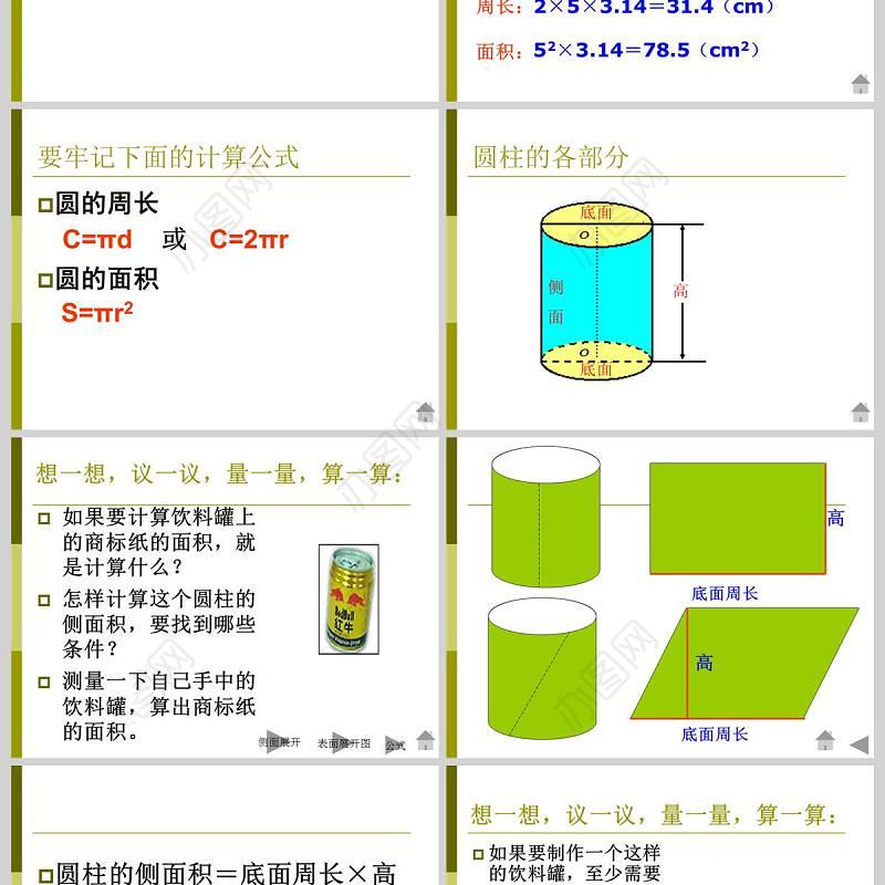  北师大版六年级数学课件下册圆柱的表面积PPT模板