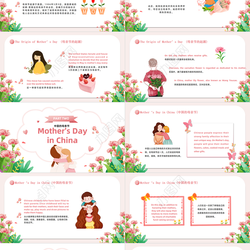 2023Mother's  DayPPT卡通风母亲节英文介绍课件模板下载