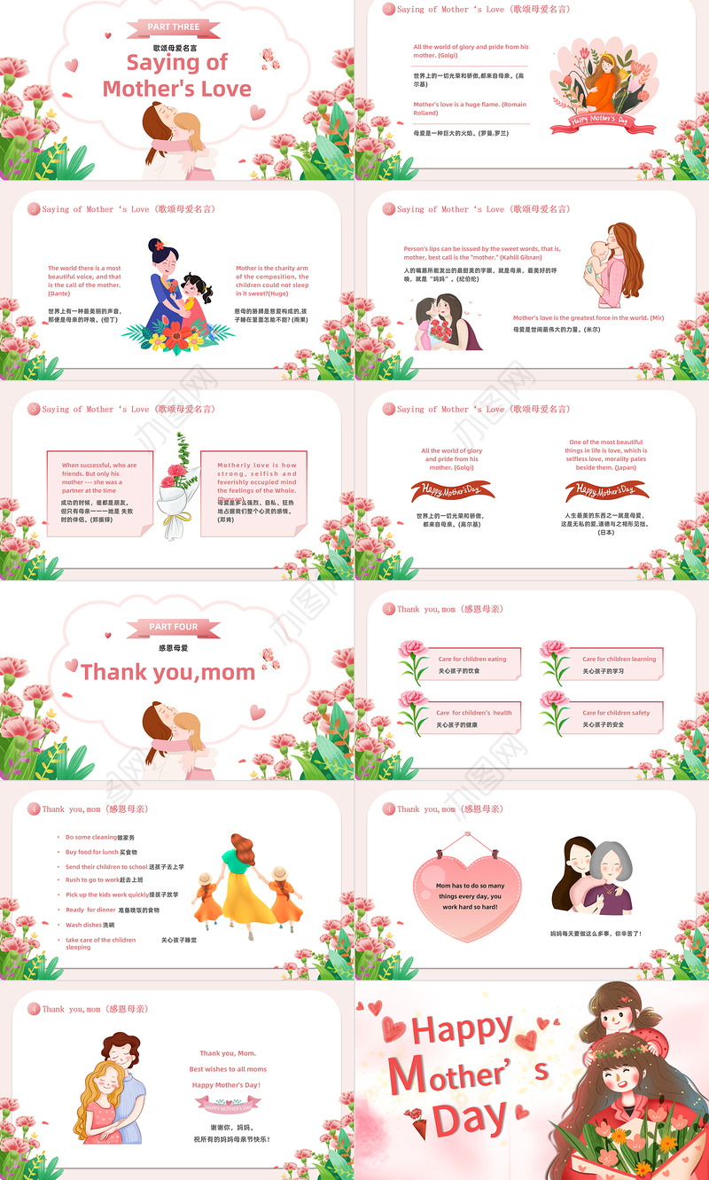 2023Mother's  DayPPT卡通风母亲节英文介绍课件模板下载