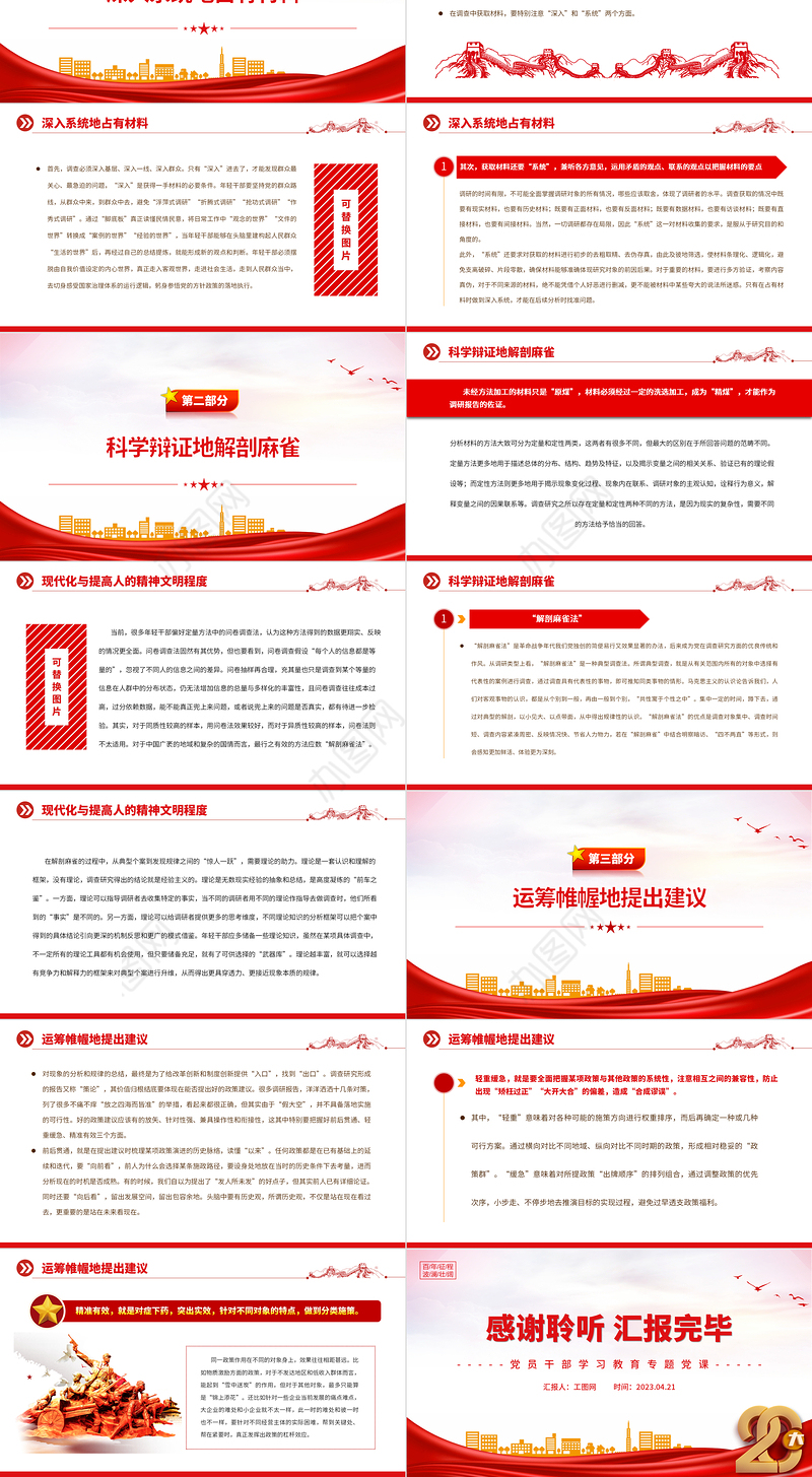 2023年轻干部怎样做好调查研究PPT大气精美风党员干部学习教育专题党课课件