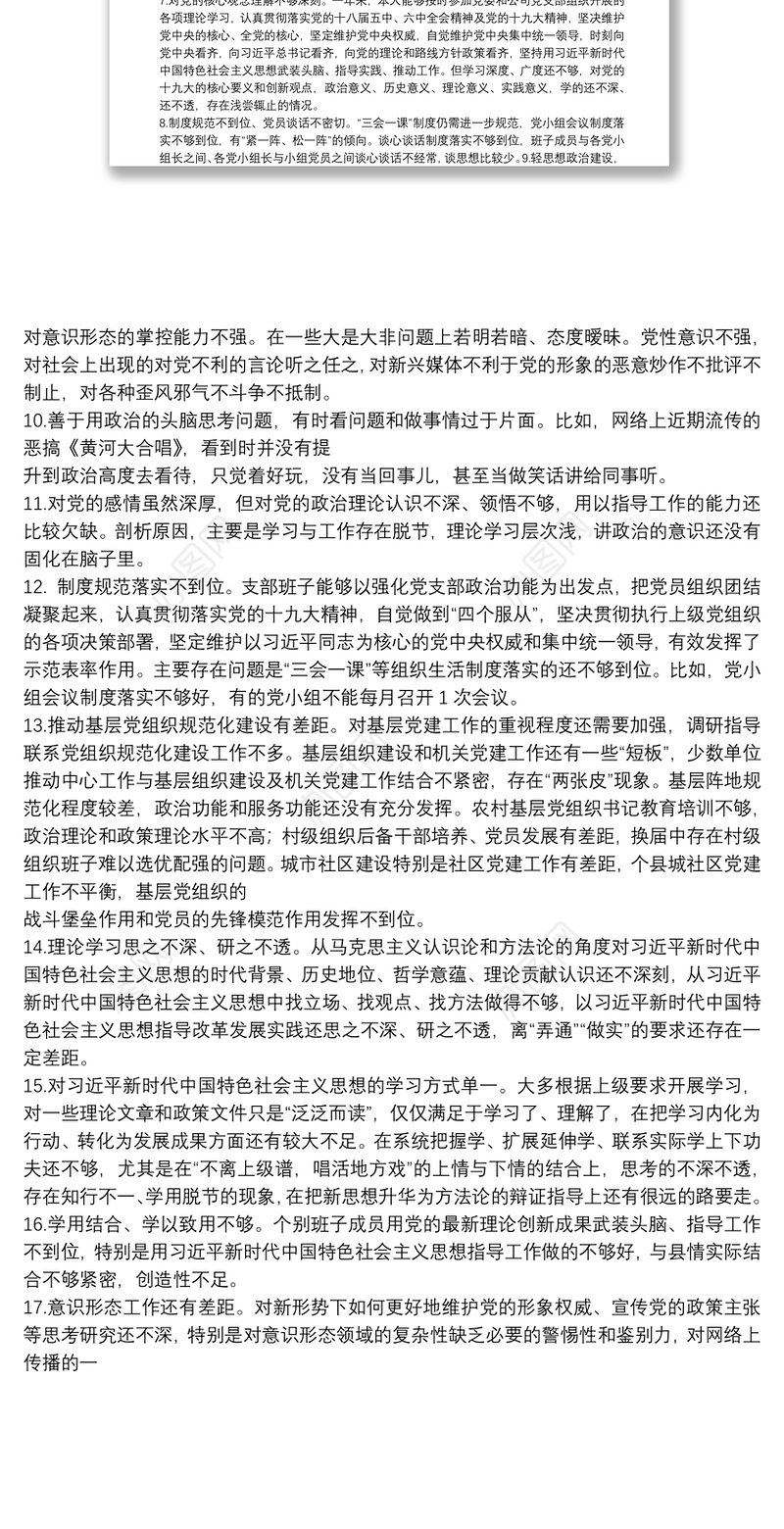 2020年政治功能强不强方面组织生活查摆问题清单