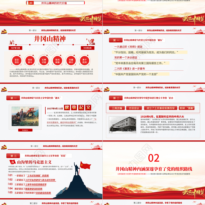弘扬井冈山精神PPT建党100周年中国精神谱系坚定信念艰苦奋斗实事求是敢闯新路依靠群众敢于胜利党员教育党课