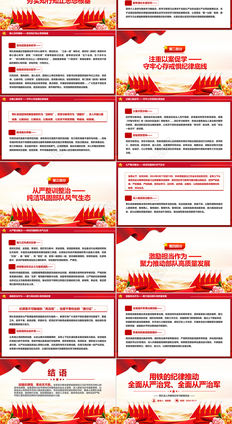 2024用铁的纪律推动全面从严治党、全面从严治军PPT党建风军队深入开展党纪学习教育综述