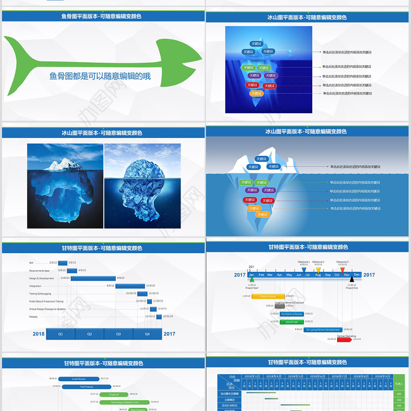 品管圈QC专用图表-鱼骨图柏拉图冰山图甘特图等PPT模板