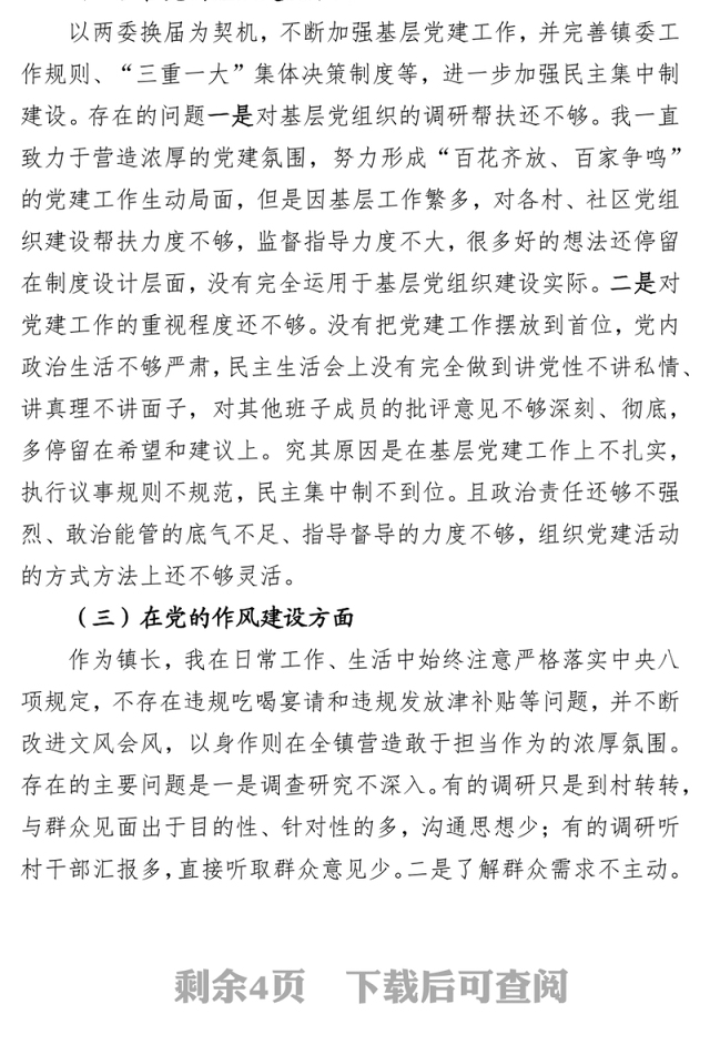 乡镇班子成员巡视整改专题MZ生活会发言材料