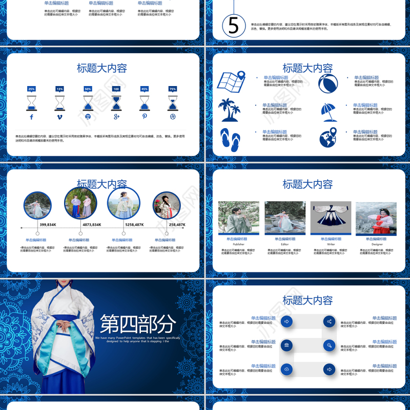 传统蓝色大气中国汉服文化PPT封面含PS