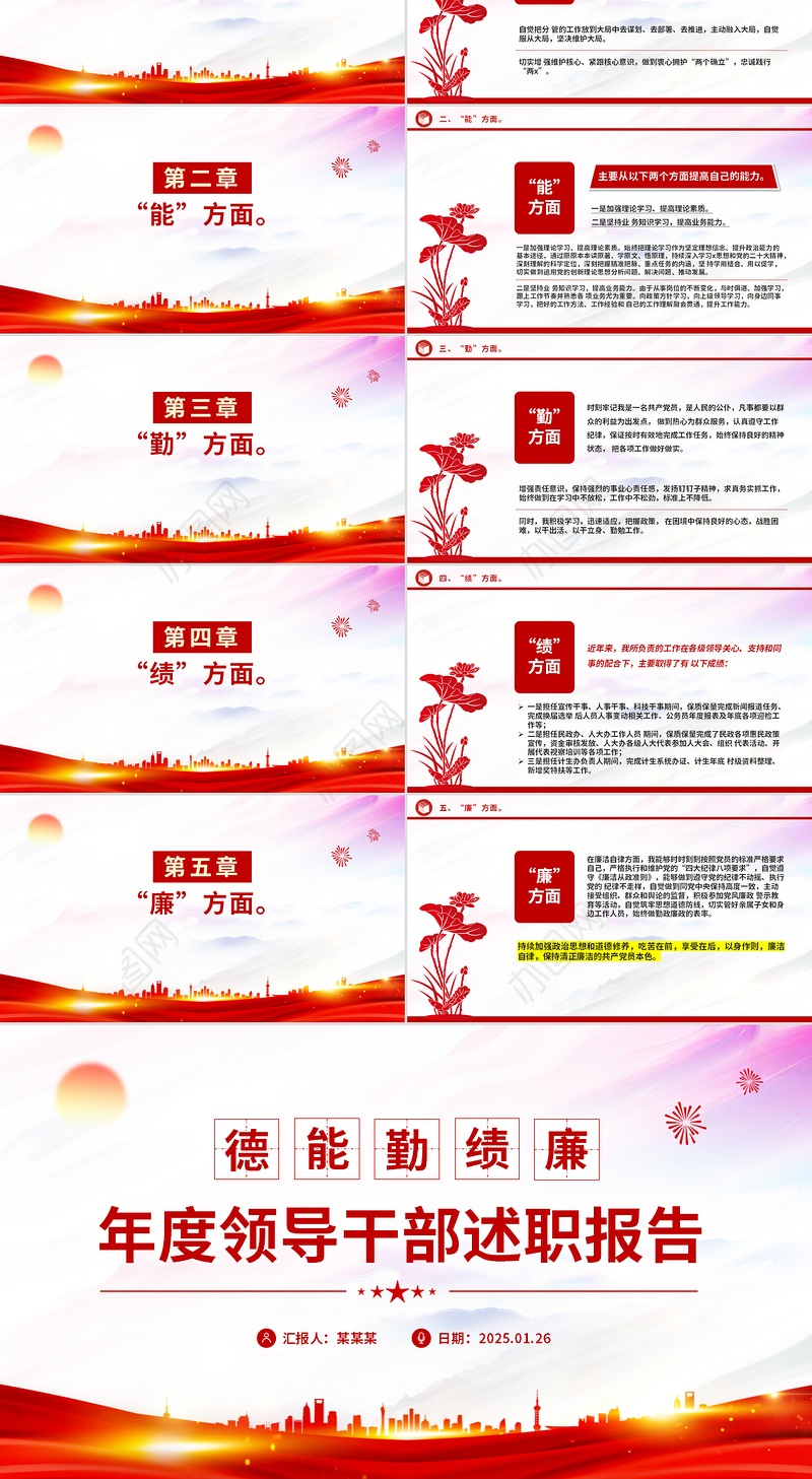 红色简洁年度领导干部德能勤绩廉述职报告PPT模板