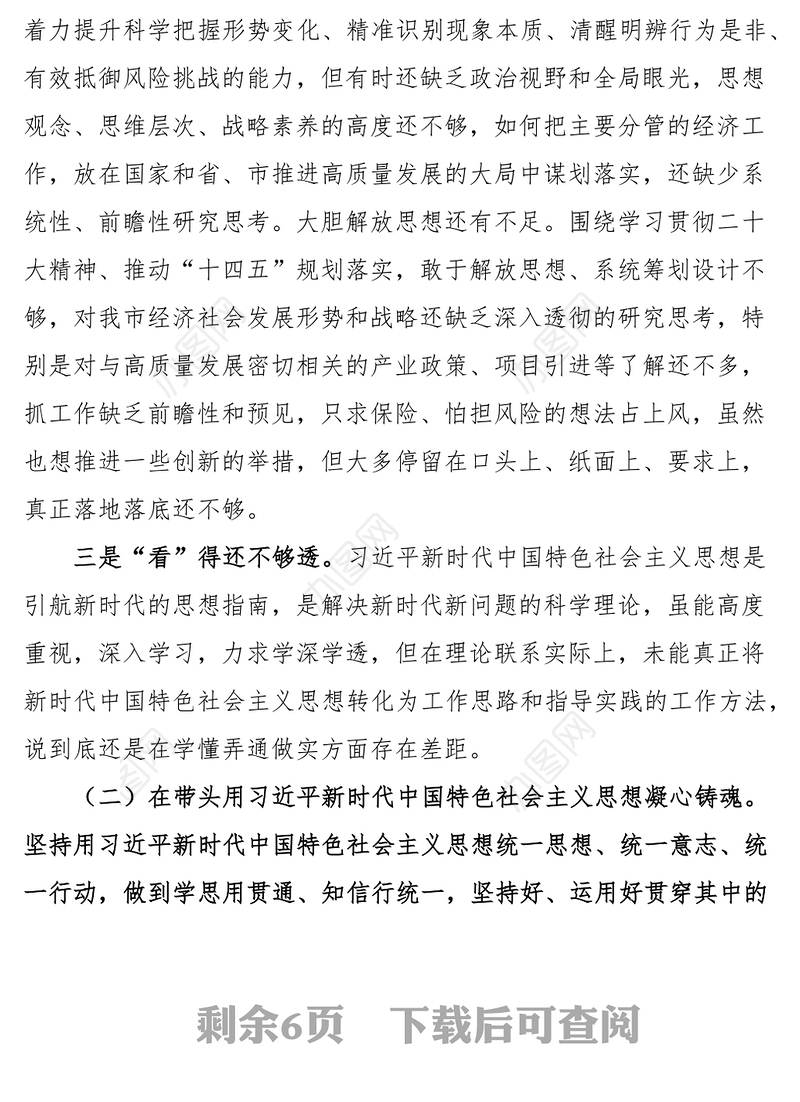 2023年民主生活会六个带头个人对照检查2022年度六个方面两个确立思想凝心铸魂全面领导改革发展稳定斗争精神从严治党责任等方面检视剖析材料发言提纲