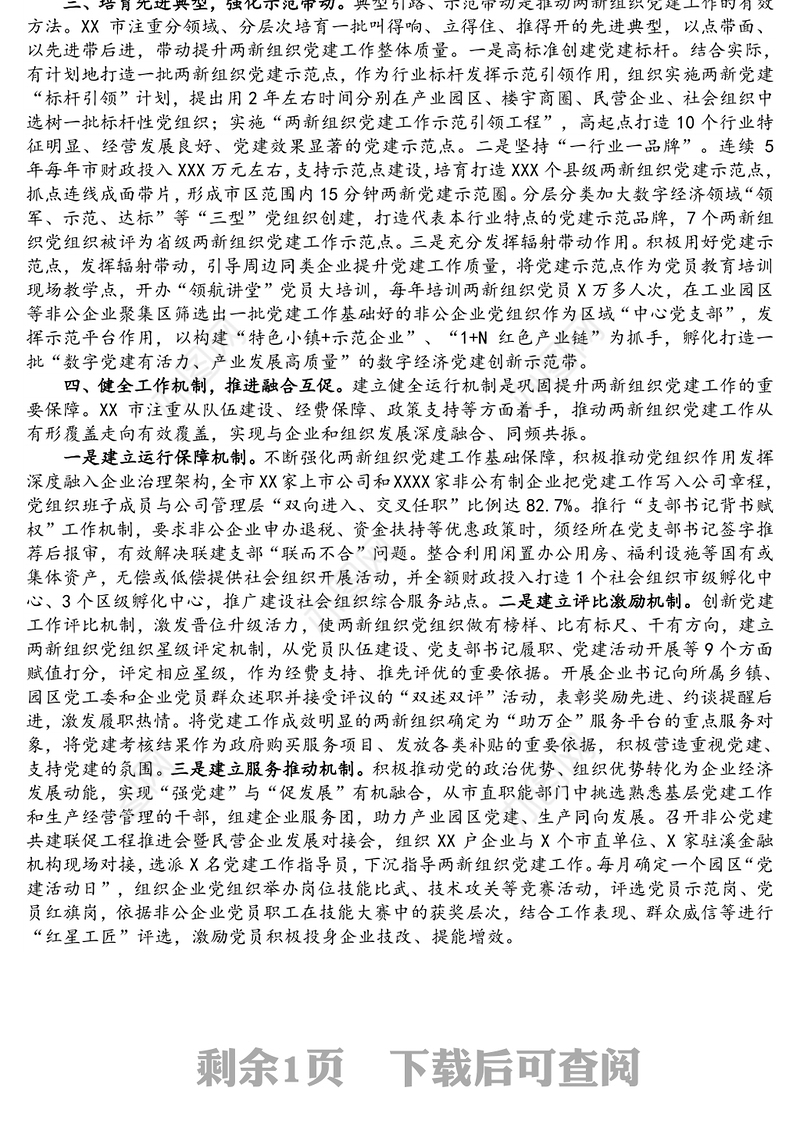 XX市两新组织提升党建工作质量工作汇报