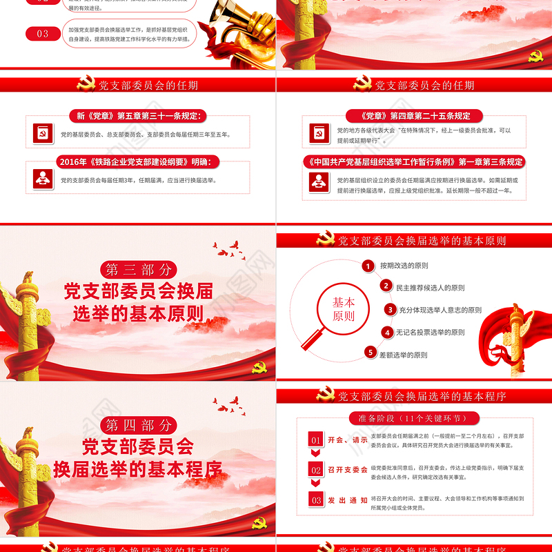 红色大气党支部换届选举工作流程PPT模板