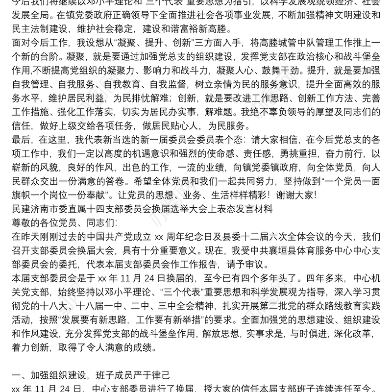 民建济南市委直属十四支部委员会换届选举大会上表态发言材料