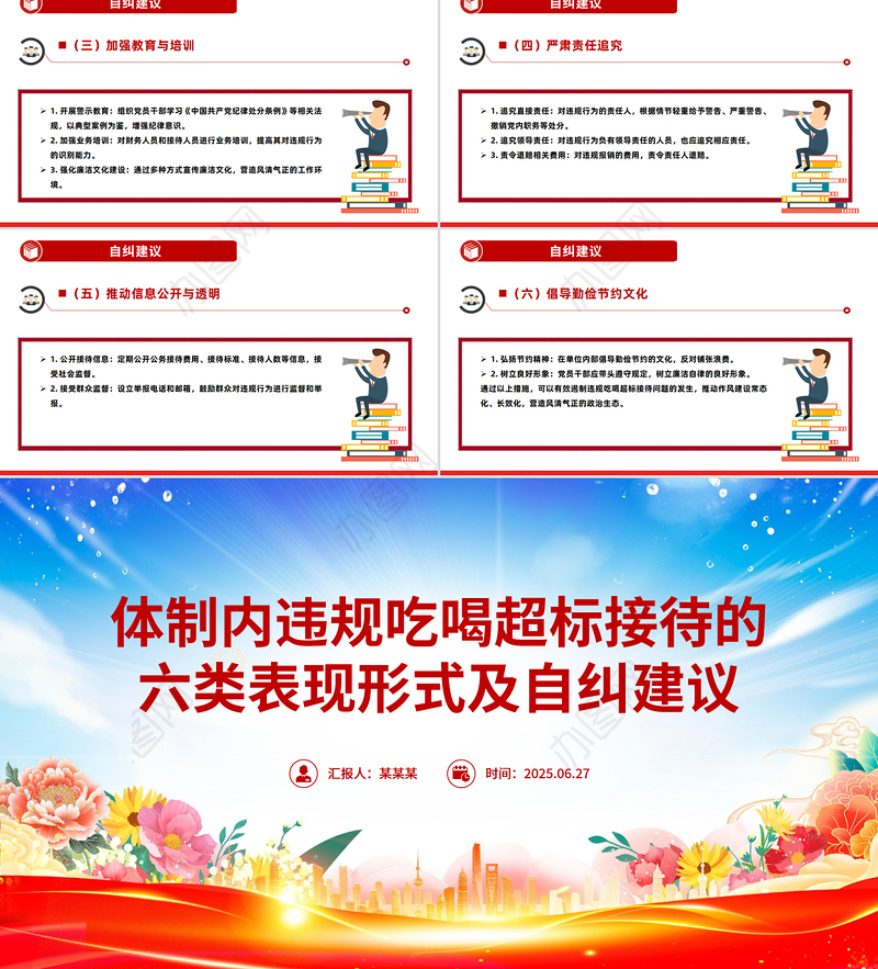 精美简洁体制内违规吃喝超标接待的六类表现形式及自纠建议PPT课件