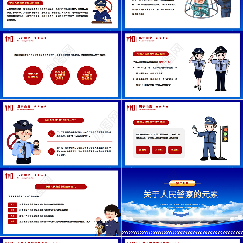 2023中国人民警察节PPT红色卡通风110第3个中国人民警察节知识宣讲课件模板