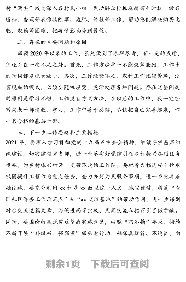 2020年村党支部书记述职报告范文