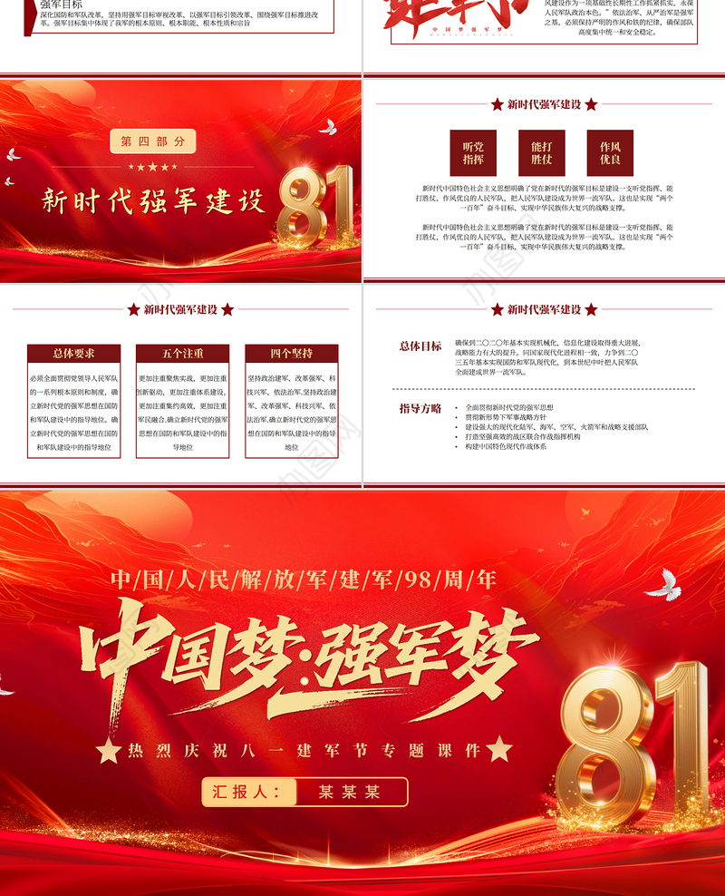 红色精美中国梦强军梦PPT红色大气风热烈庆祝八一建军节建军98周年专题党课课件