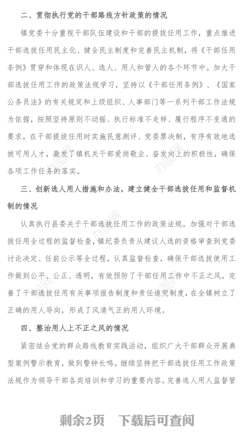 乡镇党委干部选拔任用”一报告两评议”工作报告