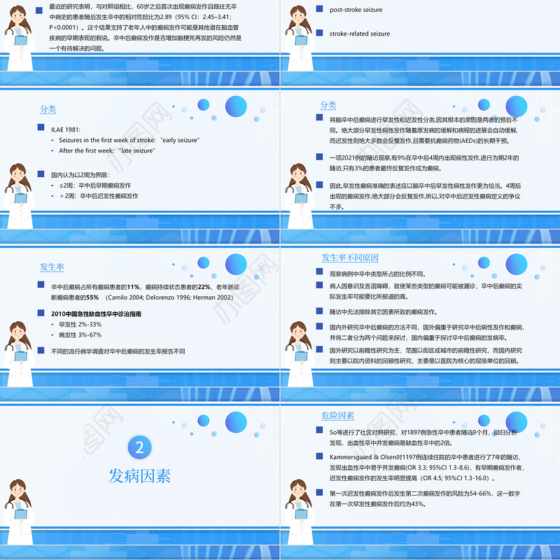 2022脑卒中后癫痫病PPT创意清新插画风医疗教学各种疾病医理PPT模板
