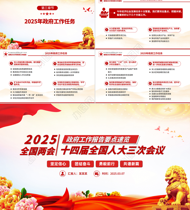 一图速览2025政府工作报告PPT红色精美学习两会精神党课课件
