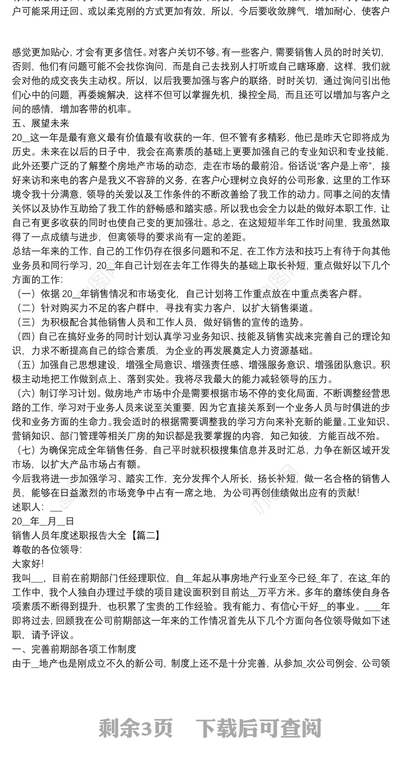 销售人员年度述职报告大全