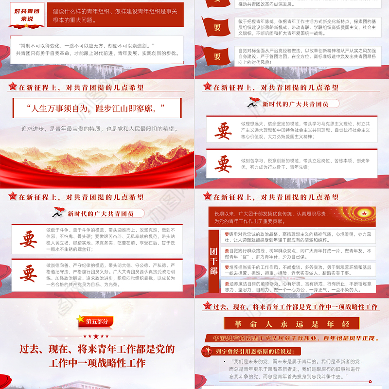 红色精美在庆祝中国共产主义青年团成立100周年大会上的讲话精神解读团课课件