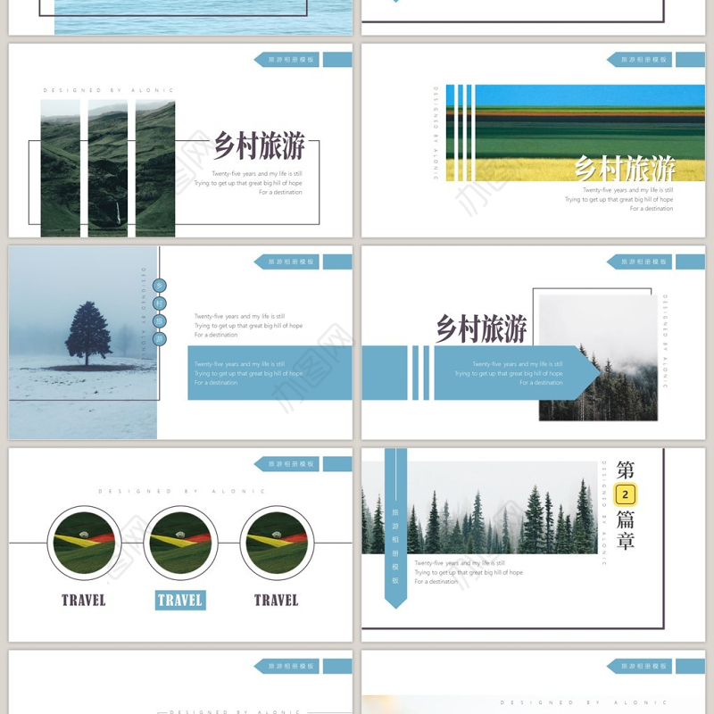 小清新蓝色杂志风乡村旅游相册PPT模板