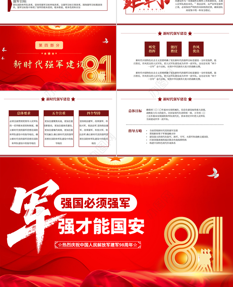 红色精美强国必须强军军强才能国安PPT八一建军节热烈庆祝建军98周年专题课件下载