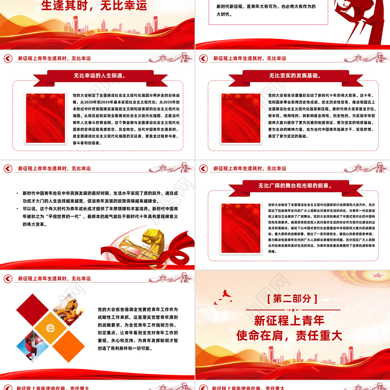 2023肩负起伟大新征程上的青春使命PPT红色精美风党员干部学习教育专题党课党建课件模板