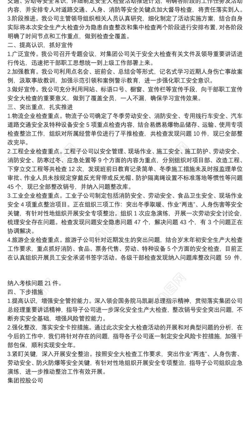 集团公司开展安全生产检查专项工作汇报